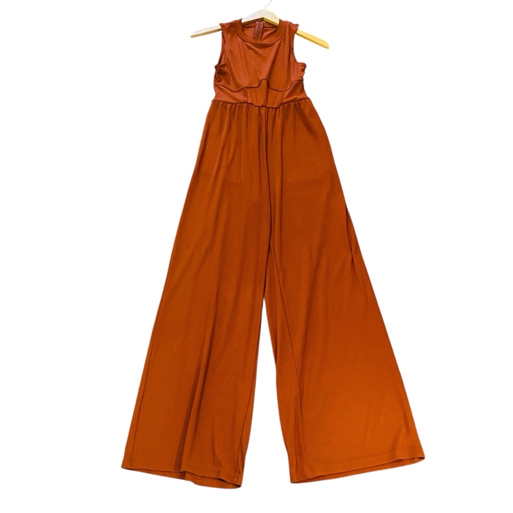Cider Solid Sleeveless Rust Corset Waist Wide Leg Sleeveless Ribbed Jumpsuit S - Picture 2 of 7